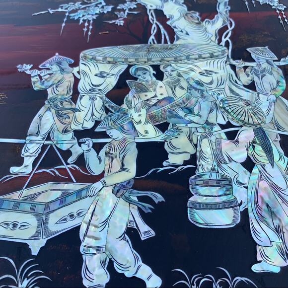 Vintage Asian Lacquered Wood Panels Inlaid with Mother Of Pearl - Picture 14 of 15